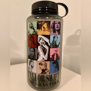 Taylor Swift 2024 World Tour Official Water Bottle featuring photos of TS